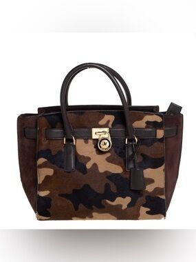 Michael Kors Brown Camo Calf Hair and Leather Satchel
